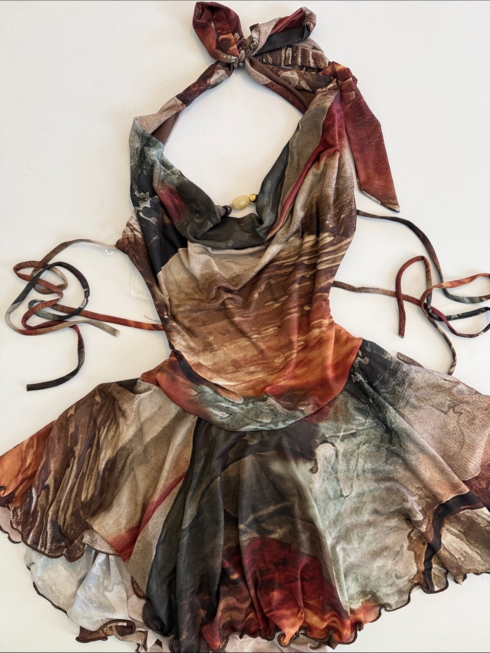 Windsor Tie-Back Halter Romper Mini Dress in Earth Tones Size XS